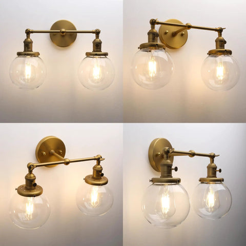 Vintage Industrial Wall Sconce With Switch 180 Degree Adjustable Hardwired Vanity Light With 5.9 Inch Globe Glass Shade In Antique Gold Two Light for Bathroom Living Room Kitchen, various angles