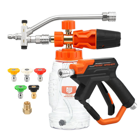 Dual Tip Foam Cannon For Pressure Washer Gun With Quick Connect One Quarter Inch Stainless Steel Car Wash Foam Blaster Attachment Switchable Foam And Water Flow Leak Proof Seal 4000 PSI