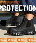 All Day Comfort Steel Toe Work Boots For Men Waterproof Lightweight Non Slip Safety Shoes Built For Construction And Industrial Jobs With Reinforced Toe Caps And ASTM Certified Boss Level Protection, side view, black leather.