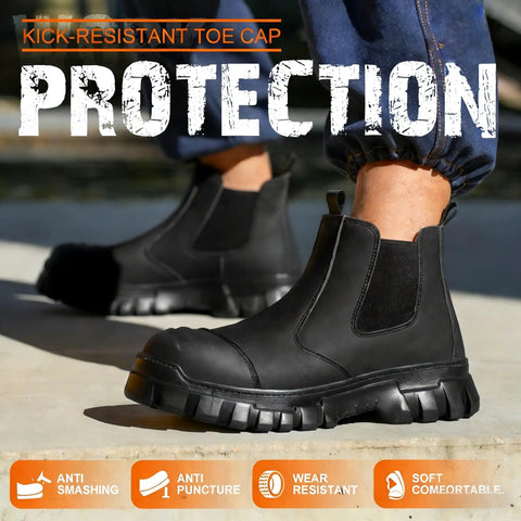 All Day Comfort Steel Toe Work Boots For Men Waterproof Lightweight Non Slip Safety Shoes Built For Construction And Industrial Jobs With Reinforced Toe Caps And ASTM Certified Boss Level Protection, side view, black leather.