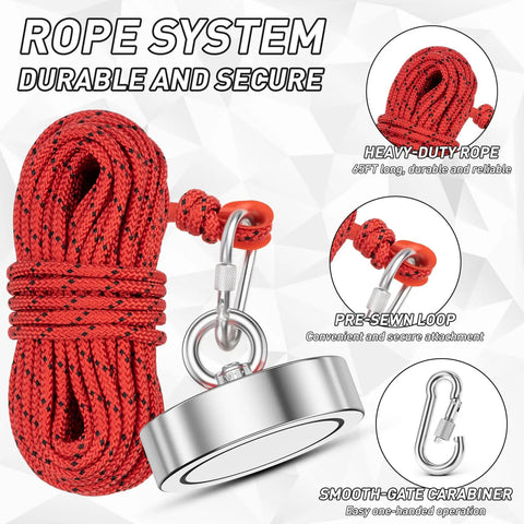 Beast Magnet Fishing Kit 3000LBS Pull With 4.72 Inch N52 Neodymium Magnet 10 Piece Treasure Hunting Set 65 Foot Rope system