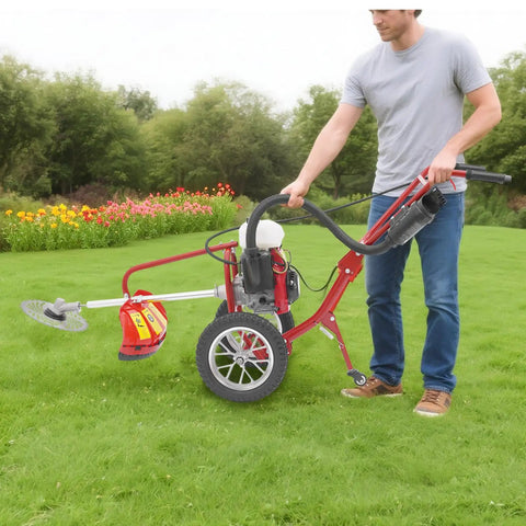 Person using 63Cc 4Hp Gas Powered Tiller Cultivator 3 In 1 Hand Push Micro Cultivator for lawns with front spiral blades.