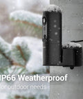 Outdoor 2K Security Camera With Auto Spotlight, Person Tracking, Color Night Vision, mounted on snowy wall, IP66 weatherproof