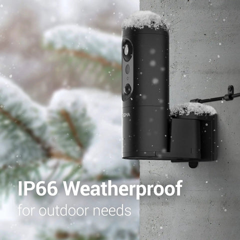 Outdoor 2K Security Camera With Auto Spotlight, Person Tracking, Color Night Vision, mounted on snowy wall, IP66 weatherproof