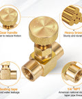 Front view of two-piece gold brass needle valve with knurled gear handle and 1/4" NPT female ports