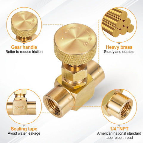 Front view of two-piece gold brass needle valve with knurled gear handle and 1/4" NPT female ports