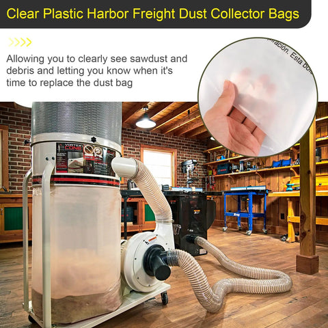 Clear Plastic Dust Collector Bags For 70 And 35 Gallon Systems in woodworking shop, fits Harbor Freight, Central Machinery.