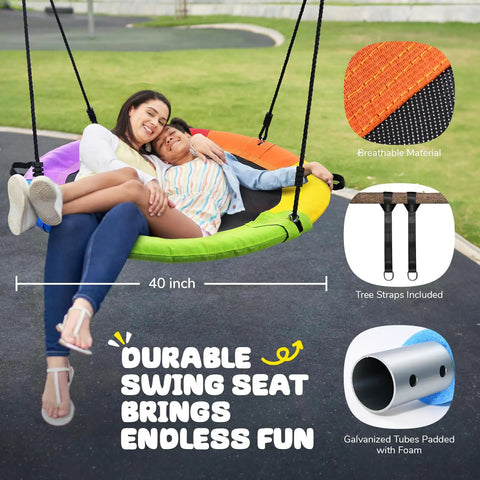 700 Lb 40 Inch Rainbow Saucer Tree Swing For Kids And Adults Outdoor with Textilene Fabric, showing seat details and users.