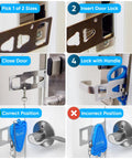 Step-by-step guide showing the installation of a portable door lock security for inside use, ideal for travel and hotels.