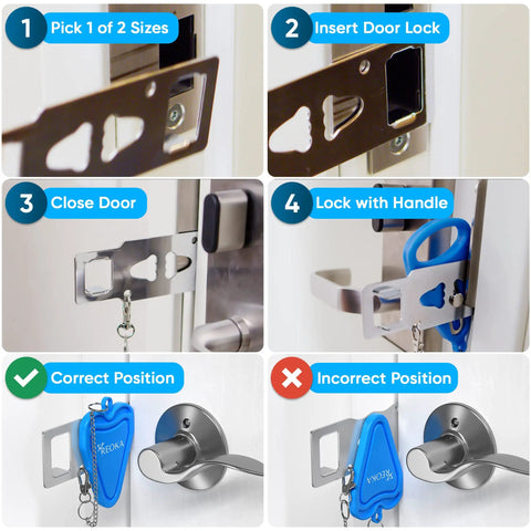 Step-by-step guide showing the installation of a portable door lock security for inside use, ideal for travel and hotels.