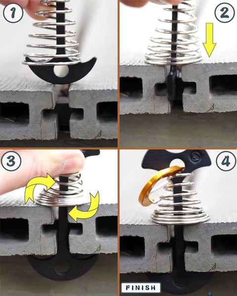 Installation steps of Deck Anchors With Carabiners Tie Down Kit For Canopies And Tents No Drill Quick Twist In Stakes on wooden deck.