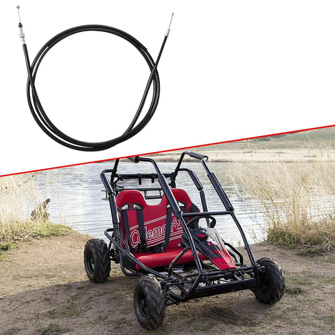 84 Inch Throttle Cable Replacement For Coleman KT196 CK196 And Hisun HS200GK Go Karts next to red go-kart by a lake