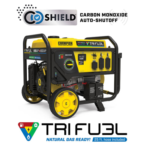 Tri Fuel Portable Generator With Electric Start And CO Shield, Runs On Gas Propane Or Natural Gas, 8125 Watt, 389cc Engine