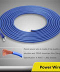 Beefed Up 4 Gauge Amplifier Wiring Kit With OFC RCA Cables, frosted blue 4 gauge power wire shown coiled with ring terminals