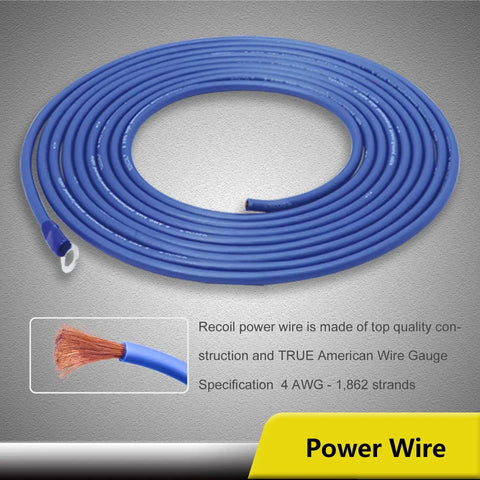 Beefed Up 4 Gauge Amplifier Wiring Kit With OFC RCA Cables, frosted blue 4 gauge power wire shown coiled with ring terminals
