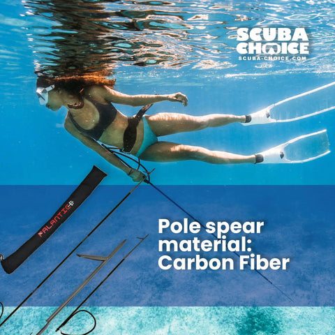 Diver using Carbon Fiber Pole Spear 7 Foot Travel 3-Piece With Single Flopper Tip Black for Spearfishing and Diving underwater.