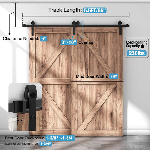 Single Track Bypass Sliding Barn Door Hardware Kit For Double Doors With Low Ceiling Clearance, Flat Track Roller System