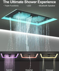 27 Point 5 Inch Ceiling Mount Shower System With Thermostatic Control And 64 Color Led Lighting Featuring Waterfall Rainfall Rotating Jets And Handheld Sprayer In Matte Black showcasing LED lights and multiple spray settings.