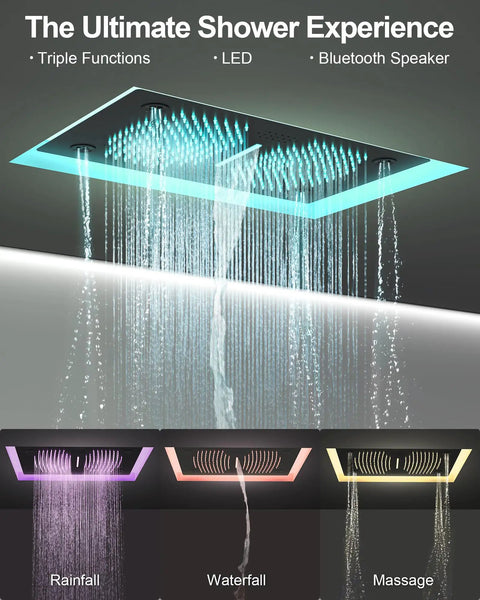27 Point 5 Inch Ceiling Mount Shower System With Thermostatic Control And 64 Color Led Lighting Featuring Waterfall Rainfall Rotating Jets And Handheld Sprayer In Matte Black showcasing LED lights and multiple spray settings.