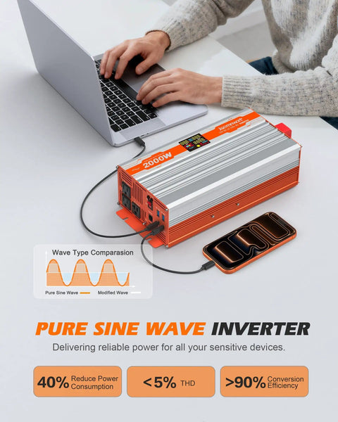 Person using Workhorse 2000W Pure Sine Wave Inverter For RVs And Trucks, 12V DC To 120V AC Converter, orange and silver color.