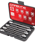 Extra Long 7 Piece SAE Hex Allen Socket Set For Deep Reach In Engine Bays And Recessed Fasteners One Eighth To Three Eighths Inch Drive S2 Steel Bits With Cr V Sockets Six Point One Inch Overall Length Durable Case displayed in an open black case