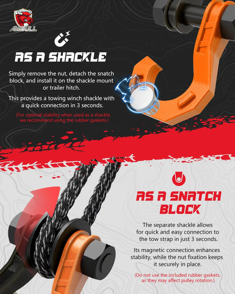 D Ring Separate Shackle With Snatch Block Three Quarter Inch Beefy Heavy Duty Tow Winch Pulley For Off Road Recovery Truck ATV UTV Black Orange Heavy Duty Tow Gear For Off Road Vehicle Recovery And Winch Accessory For Jeep Truck SUV, orange shackle close-up