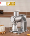 Slick Single Dose Espresso Grinder Featuring Variable Speed Stepless Control And A 64 Mm Titanium Flat Burr on kitchen counter.