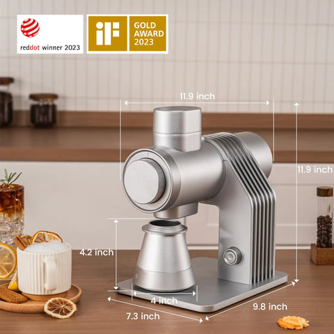 Slick Single Dose Espresso Grinder Featuring Variable Speed Stepless Control And A 64 Mm Titanium Flat Burr on kitchen counter.