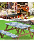 Cute Dragonfly 3 Piece Picnic Table Cover Set With Waterproof Bench Covers For Rectangular Tables And Benches Perfect For Camping And RV Travel Gear Easy Storage Outdoor Dining Must Haves shown on wooden bench.