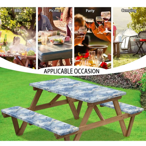 Cute Dragonfly 3 Piece Picnic Table Cover Set With Waterproof Bench Covers For Rectangular Tables And Benches Perfect For Camping And RV Travel Gear Easy Storage Outdoor Dining Must Haves shown on wooden bench.