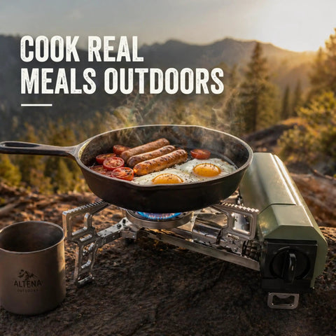 Portable Butane Gas Stove For Camping And Outdoor Cooking Lightweight Compact Single Burner With Durable Carrying Bag Ideal For Travel Backpacking Picnics Backyard Barbecue Indoor Use And Emergency Prep with food.