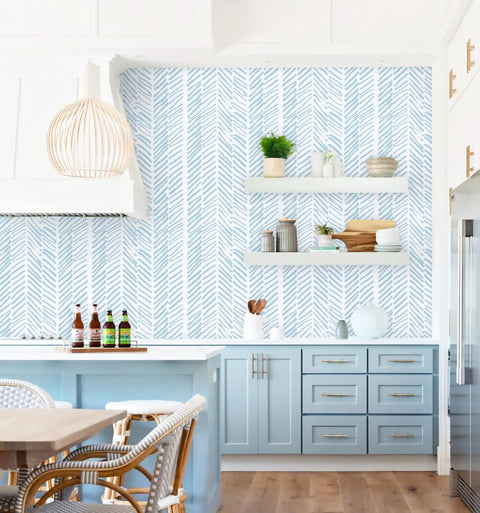 Kitchen with Blue And White Stripe Peel And Stick Wallpaper Self Adhesive Contact Paper Long Roll For Living Room And Bedroom Modern Embossed Look With Fresh Vibe Easy Install 17.7 Inch By 472 Inch Ideal Accent Wall Decor behind open shelves.