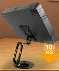 Built Different All Metal Cell Phone Stand 360 Degree Rotatable Height Adjustable with sturdy base and tablet support.