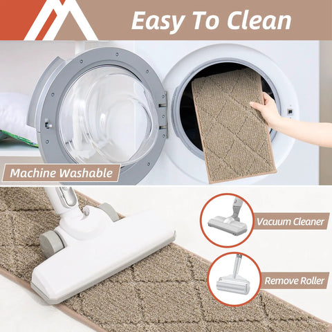 Edging Stair Treads Non Slip Carpet Mat 28 Inch By 9 Inch Indoor Stair Runner being washed and vacuumed, beige color.