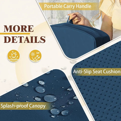 Portable carry handle and splash-proof canopy details of Three-Seat Outdoor Porch Swing With Adjustable Canopy And Stand, 800-Lb Capacity.