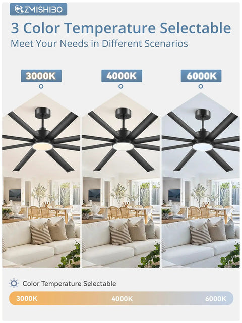 84 Inch Indoor Outdoor Ceiling Fan With Lights showing 3 CCT options for living room, industrial grade 8 reversible aluminum blades, damp rated