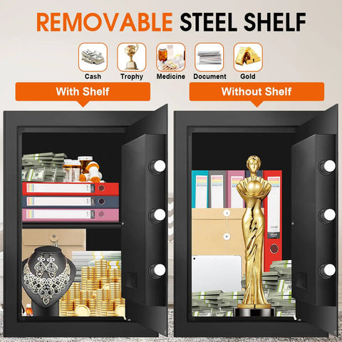 Large 3.4 Cu Ft Home Safe With Fire And Water Proof, Electronic Keypad, Spare Key, Floor Safe With Removable Shelf interior view