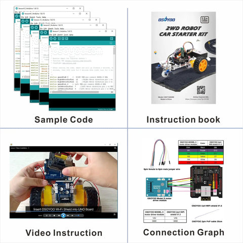 2WD Arduino Robotic Car Starter Kit For Beginners And Adults Hands On Smart Educational Robotics Set To Build Code And Control Via WiFi Bluetooth And IR Learn Programming And Electronics The No Brainer Way, sample code, instruction book, video, connection graph.