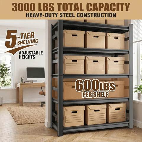 Five Tier Heavy Duty Metal Bookshelf Adjustable Tall Storage Rack With Anti Drop Fence High Capacity Steel Display Shelf Hella Sturdy To Stack Tons Of Gear And Books Without Any Wobble For Your Home Or Office