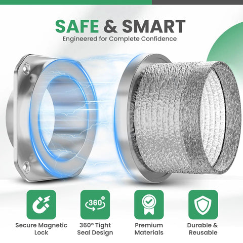 Magnetic Dryer Vent Connector Kit with 4 Inch Hose and Magnetic Coupling Aluminum Duct showing secure magnetic lock