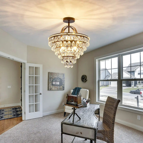 5 Light Crystal Chandelier Ceiling Light Fixture Semi Flush Mount Black Finish, E12 Indoor Lighting in a modern room