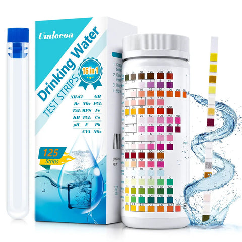 16 In 1 Water Test Kit For Home Use With 125 Test Strips Checks PH Hardness Chlorine Lead Iron Copper Nitrate Nitrite Fluoride And More For Well And Tap Water Quality, including test strips, color chart, and test tube.