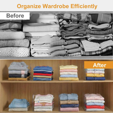 Top Rated Shelf Dividers For Closets And Dressers Compact Six Inch Vertical Blocks keep clothing stacks tidy in organized wardrobe.