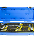 Open case showing 72-Tooth Ratcheting Wrench Set With Open Flex-Head, 180-Degree Pivot, And 12-Piece Tubing Wrench Kit