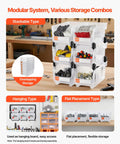 Clear Stackable Storage Bins 6 Pack, 14.8 By 8.5 By 7.1 Inches shown stacked with various items inside on a countertop.