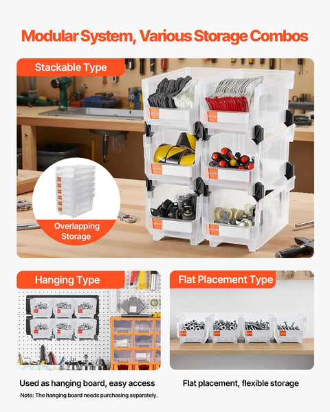 Clear Stackable Storage Bins 6 Pack, 14.8 By 8.5 By 7.1 Inches shown stacked with various items inside on a countertop.