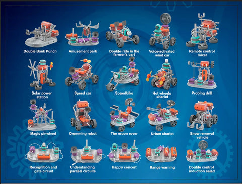Hands On STEM Electronics Kit For Kids, kid-sized circuit models for 110 projects on a blue display board