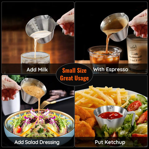 Two Piece Stainless Steel Espresso Cups With Handles And A Pro Pour Double Spout Measuring Cup With Dual Scale, shown adding liquids.