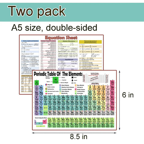 Two Pack A5 Size Periodic Table Chart Set For High School And College With Full Element Details and Equations, dimensions 8.5x6 in