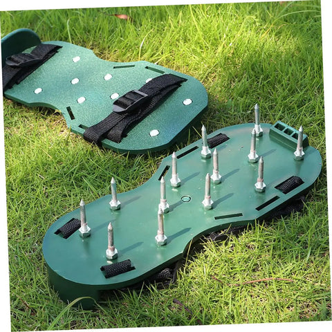 Ten Piece Adjustable Lawn Aerator Shoes Straps Kit With Durable Nylon Garden Spikes on grass